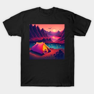 80s Style Hawaiian Camp in a Beautiful Sunset Retro Vintage Travel Artwork T-Shirt